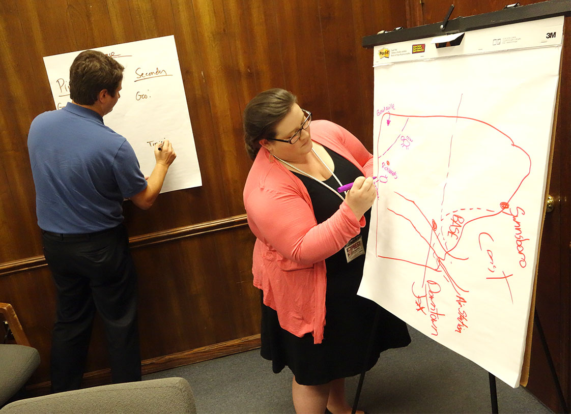 Mapping out their turf: Managing Editor Chris Segal and crime reporter Amanda Thames visualize the coverage area of the Jacksonville Daily News.
