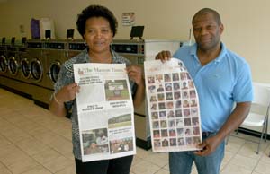Joyce McRae and James McDougald launched the Maxton Times last September and operate it out of James’ bustling neighborhood laundromat, the Express Laundry, in downtown Maxton. (Photo by Jock Lauterer)